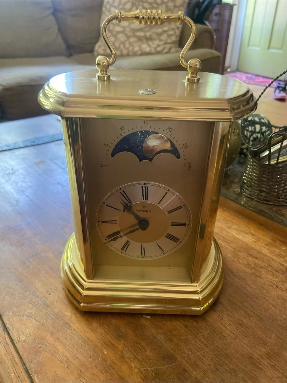 Vintage Montreax Brass Moon Phase Mantle Clock- It works